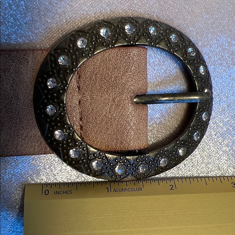 Chic Tan Perforated Belt with Rhinestones on Buckle - Picture 15 of 16